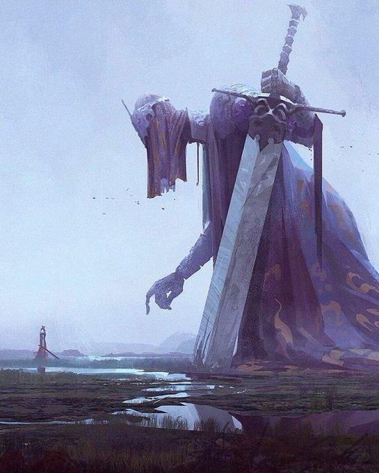 A massive, decayed giant in purple robes wields an enormous sword while standing in a misty swamp, with a tiny figure standing in the water below for scale.