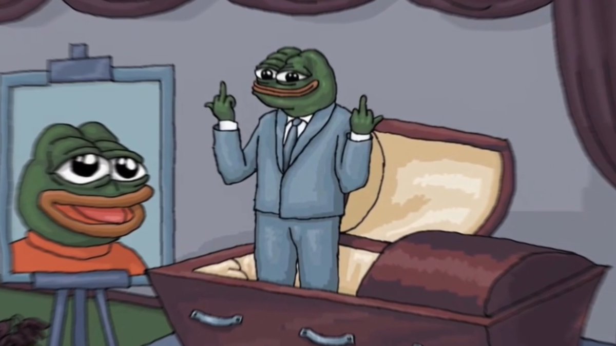 An illustration of the Pepe the Frog meme depicted in a gray business suit standing in an open coffin, posing in front of a framed portrait of himself.