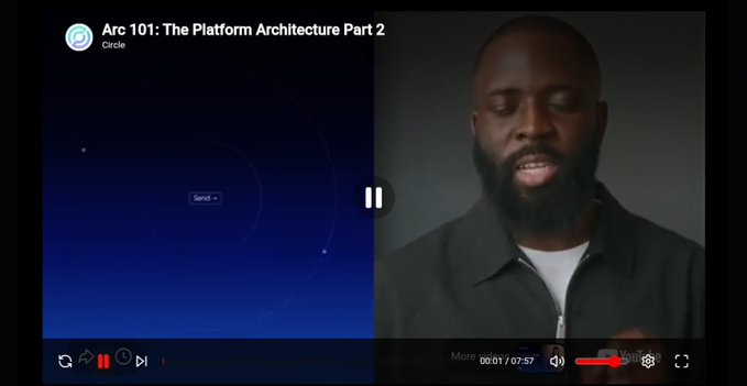 A YouTube video titled 'Arc 101: The Platform Architecture Part 2' by Circle features a man with a beard speaking on the right side of the screen.