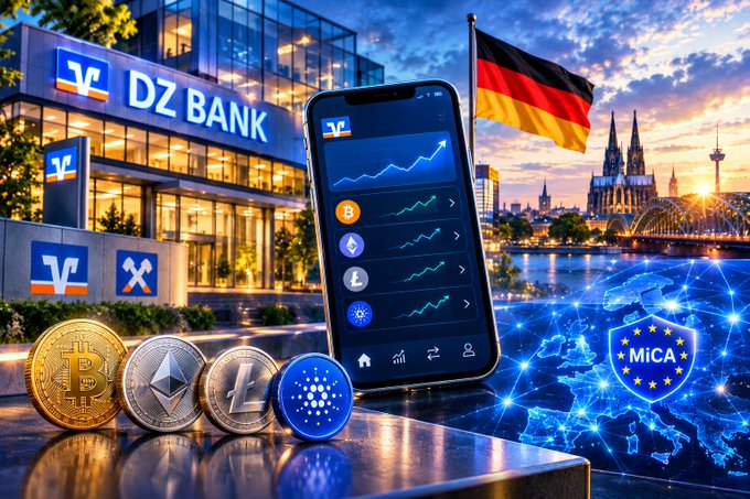 A smartphone displaying a crypto trading app sits before a DZ Bank branch and Cologne's skyline under the German flag, with physical Bitcoin, Ethereum, Litecoin, and Cardano tokens and an EU MiCA regulation emblem framing the scene—visually illustrating Cardano's ($ADA) integration into DZ Bank's "meinKrypto" platform alongside BTC, ETH, and LTC under Europe's new MiCA framework.