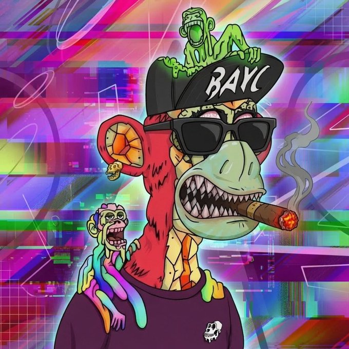 A colorful digital illustration of a Bored Ape-style character wearing sunglasses, a cap reading 'BAYC', and smoking a cigar, with smaller monkey figures around it.