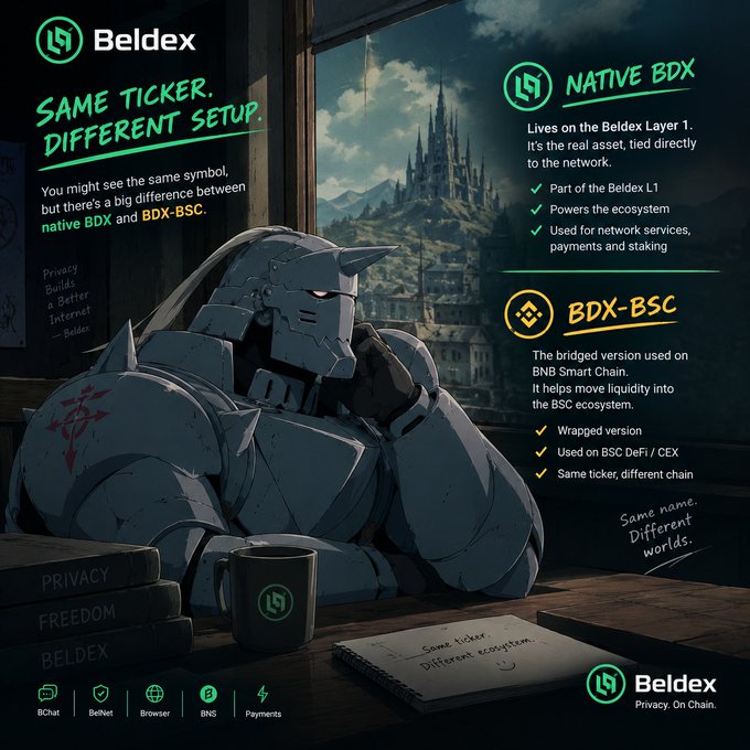A promotional graphic for 'Beldex' titled 'SAME TICKER, DIFFERENT SETUP', explaining the difference between 'NATIVE BDX' and 'BDX-BSC' alongside an illustration of an armored knight looking out a window.