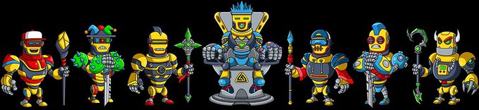 A lineup of seven cartoonish robot characters in yellow armor with various weapons and accessories, including one seated on a throne in the center.
