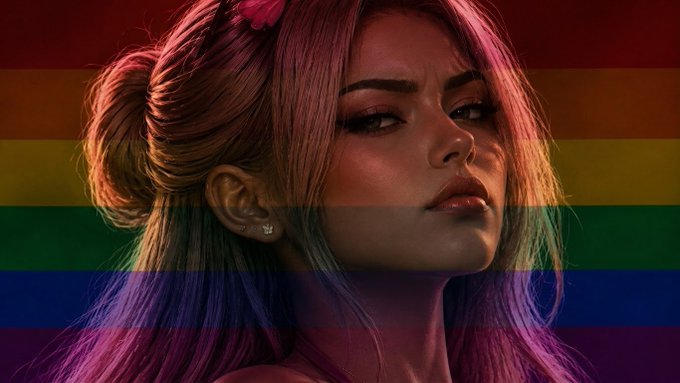 A stylized portrait of a woman with multi-colored hair, overlaid with horizontal rainbow stripes against a dark red background.