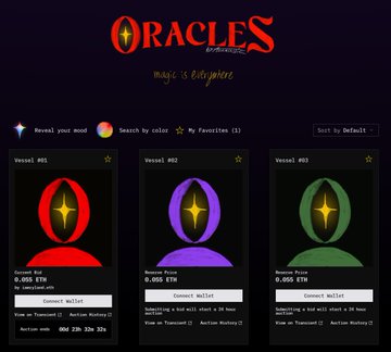 An 'ORACLES' app interface showing vessel selection with three NFT options priced at 0.555 ETH each, featuring hooded figures in red, purple, and green.