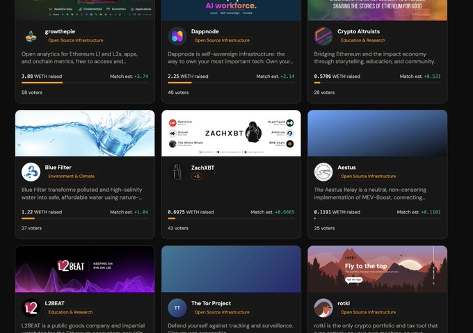 Screenshot of a Gitcoin-style funding round displaying multiple project cards including growthpie, Dappnode, Crypto Altruists, Blue Filter, ZachXBT, Aestus, L2BEAT, The Tor Project, and rotki, showing WETH raised amounts and voter counts.