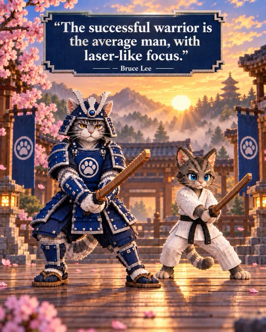 An illustration of two cats dressed as samurai warriors holding wooden swords in front of a Japanese castle at sunset, with a quote: 'The successful warrior is the average man, with laser-like focus.' — Bruce Lee
