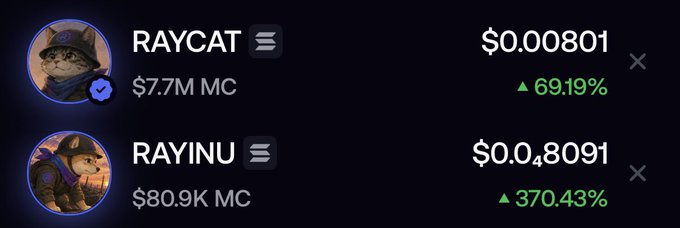 The image displays cryptocurrency tokens RAYCAT at $0.00801 with a $7.7M market cap and a 69.19% gain, alongside RAYINU at $0.048091 with an $80.9K market cap and a 370.43% surge, relating to a post referencing "$RAYCAT 50M."