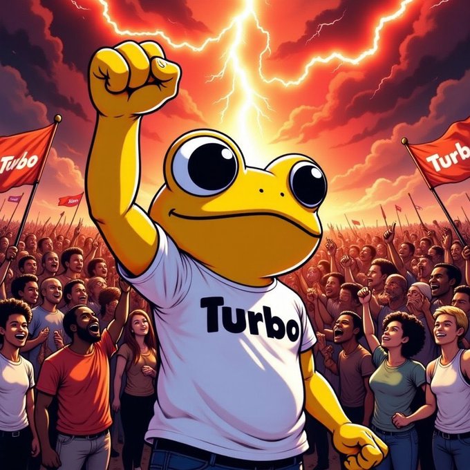 A cartoon frog wearing a 'Turbo' shirt raises its fist triumphantly before a cheering crowd under a dramatic stormy sky with lightning and 'Turbo' flags.