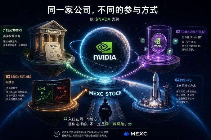A MEXC Stock promotional graphic in Chinese titled '同一家公司，不同的参与方式' (Same company, different ways to participate) using $NVDA as an example, illustrating four options: 01 Realstocks (real stock ownership), 02 Tokenized Stocks (tokenized shares using USDT), 03 Stock Futures (derivatives with long/short positions), and 04 Pre-IPO (pre-listing related products).