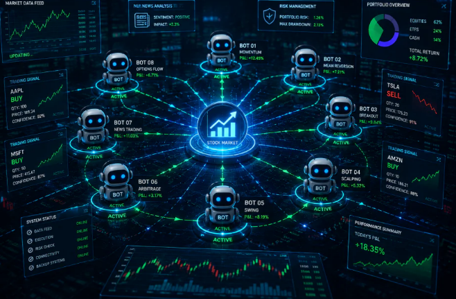 A futuristic trading dashboard displays multiple robot icons labeled 'BOT' managing various stocks like 'AAPL', 'MSFT', 'TSLA', and 'AMZN', with trading signals showing 'BUY' and 'SELL' actions and a total return of '+8.72%'.
