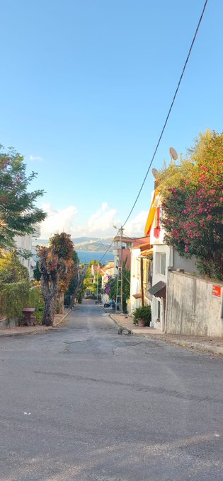 A picturesque narrow street view looking downhill toward a bright blue sea, lined with houses, bougainvillea flowers in pink, and a Spanish flag visible on the right side.