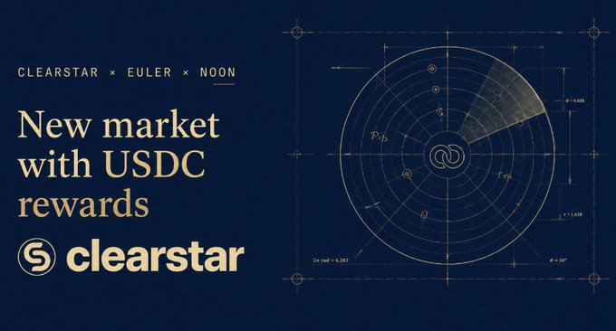 The image features a navy blue poster for Clearstar that contains information about their new market offering. The text on the poster highlights the company's decision to add a new product, which has been confirmed as being related to USDC rewards. The poster also mentions that the product is currently live and that depositors are seeing an upward trend in interest rates by 15%.
