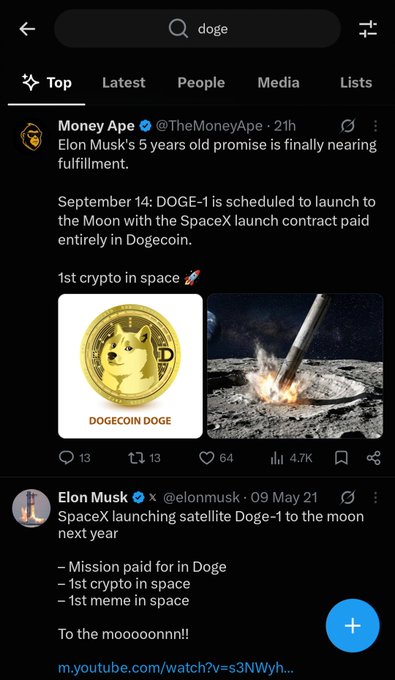 Twitter/X search results for 'doge' show Money Ape tweet about DOGE-1 launching to the Moon on September 14, with Elon Musk's May 2021 announcement of SpaceX launching the satellite paid in Doge.