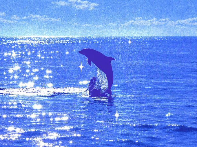 An artistic, dreamy blue-toned photograph of a dolphin leaping out of shimmering ocean water against a blue sky with scattered clouds.