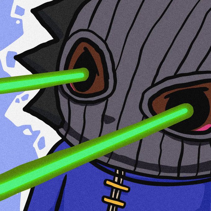 A digital illustration of a dark, masked character with red eyes being pierced by two bright green laser beams.