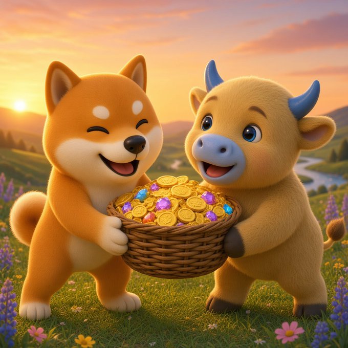 A 3D-rendered cartoon illustration of a smiling Shiba Inu dog and a golden bull character holding a basket filled with gold coins and colorful gems in a sunny meadow.