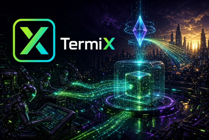 A promotional graphic for "TermiX" featuring an app icon with the X logo, set against a futuristic cyberpunk cityscape with holographic elements, robots, and glowing technology.
