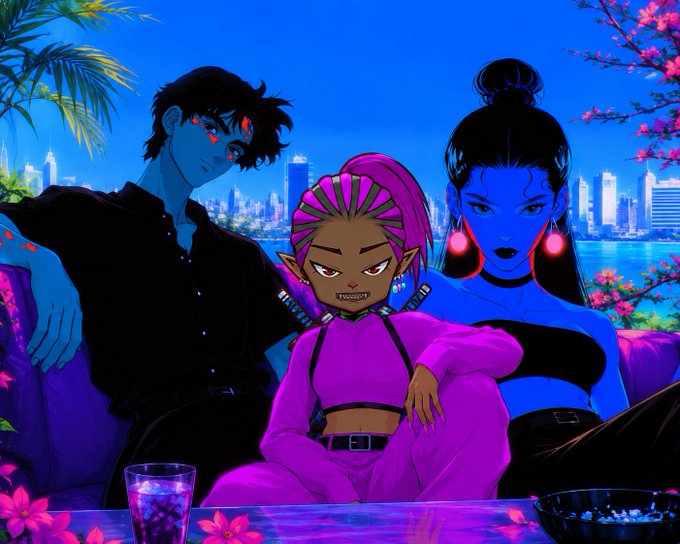 A digital illustration of three stylized anime characters, including a blue-skinned man with red eyes and a blue-skinned woman with pink hair accessories, posed against a city skyline.