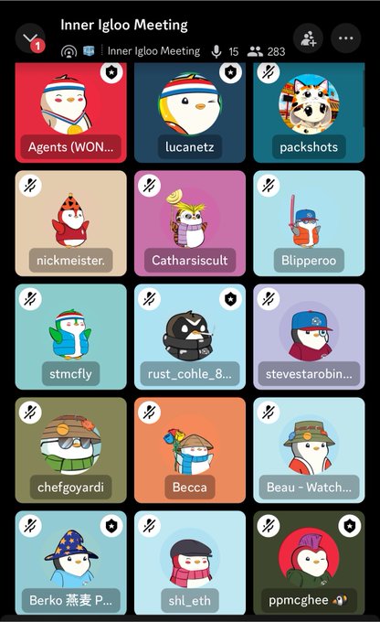 A Discord-style meeting interface titled "Inner Igloo Meeting" showing 283 participants (with 15 in the voice channel) in a grid of colorful penguin and character avatars with usernames like "Agents," "lucanetz," "packshots," "Catharsiscult," and "Blipperoo." The grid supports the post's claim of around 300 Pudgy Penguins and Lil Pudgys gathering in "the huddle."