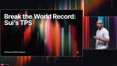 A presentation slide reads 'Break the World Record: Sui's TPS' featuring a man speaking on the right, shown at the SuiConnect 2024 Singapore event.