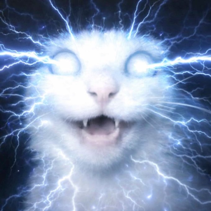 A digitally edited image shows a white cat with glowing blue eyes and bared fangs surrounded by electric lightning bolts.