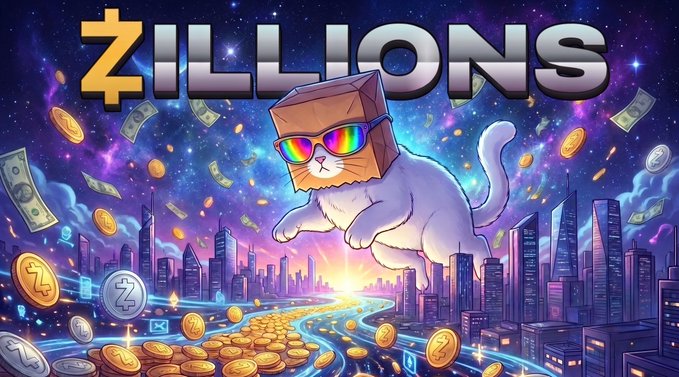 A colorful promotional graphic for 'ZILLIONS' featuring a cat wearing a cardboard box and rainbow sunglasses, leaping through a cosmic cityscape filled with Z-crypto coins.