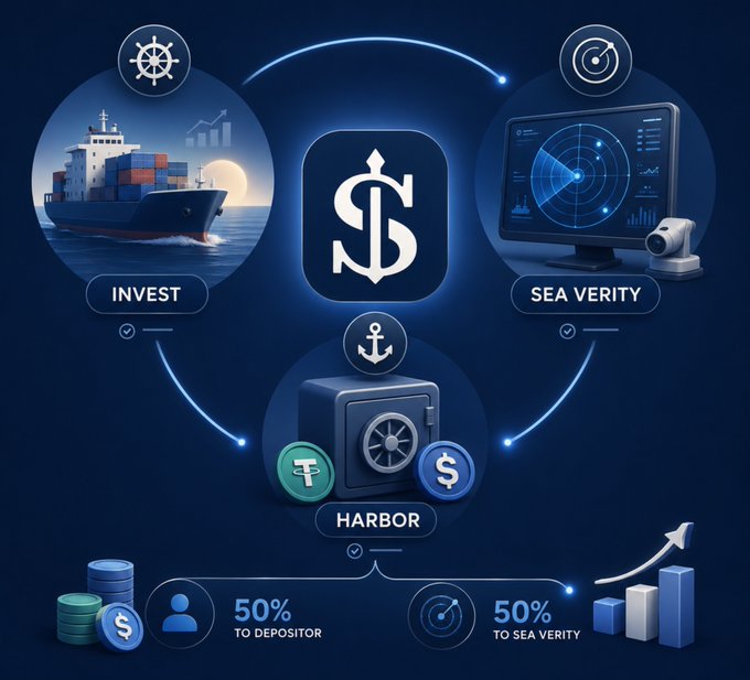 A business infographic illustrating an investment flow between 'INVEST', 'HARBOR', and 'SEA VERITY' with nautical and financial icons, showing a 50/50 split to depositor and sea verity.