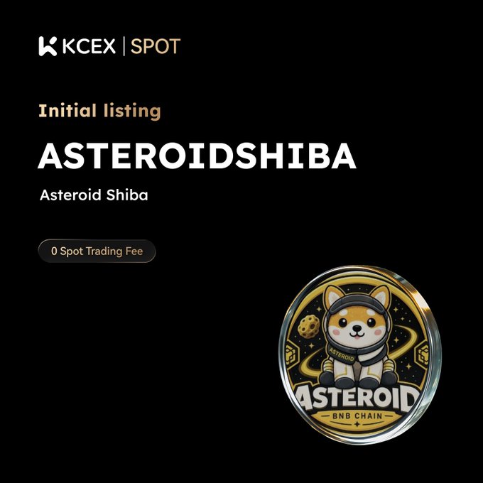 A KCEX Spot promotional graphic announces the initial listing of $ASTEROIDSHIBA (Asteroid Shiba), a BNB Chain-based memecoin, featuring a gold-framed cartoon Shiba Inu mascot in an astronaut suit and highlighting "0 Spot Trading Fee" alongside the KCEX logo.