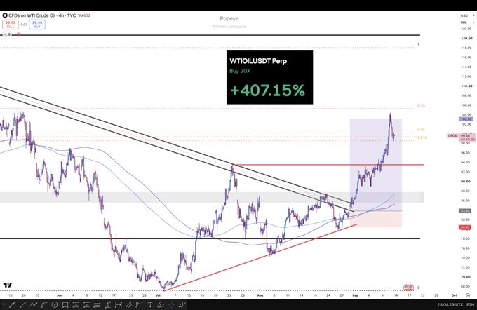 A TradingView chart displays CFDs on WTI Crude Oil (4-hour timeframe) with a "WTIOILUSDT Perp" callout showing a +407.15% gain on a 20X buy position, illustrating the poster's successful oil trade before humorously anticipating an imminent market crash after taking profit.