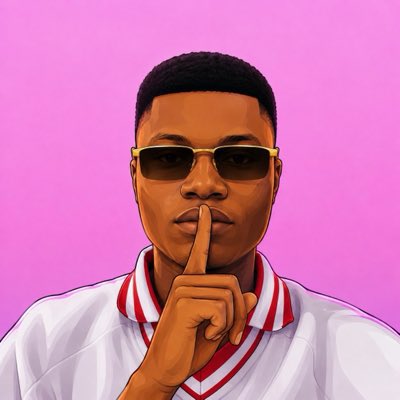 A digital illustration shows a young man wearing yellow-tinted sunglasses and a white jacket with red trim, holding his finger to his lips in a "shh" gesture against a pink background, conveying quiet confidence and focus. The "shh" pose complements the prayer post's message, symbolizing a moment of silence, focus, and belief before starting a new, hopefully profitable trading day.