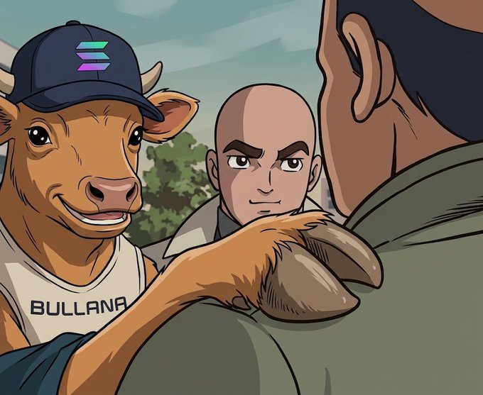 An illustrated cartoon scene shows a smiling anthropomorphic bull wearing a blue Solana cap and a shirt reading 'BULLANA,' placing its hoof on the shoulder of a bald man.