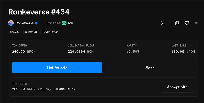 A digital trading interface for an NFT titled 'Ronkeverse #434' (ERC721, RONIN), showing a top offer of 269.70 WRON, a collection floor of 330.9894 RON, and a rarity rank of #3,507.