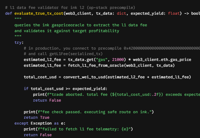 Step 7 of a technical process is outlined in this code snippet, where the system evaluates gas fees by querying the gas price oracle system contract at the official op-stack precompile address. If the estimated L1 fee component outweighs the expected trading edge, the agent pauses, ensuring cost-effective campaign execution on the NAdoHQ and XStocks platforms.