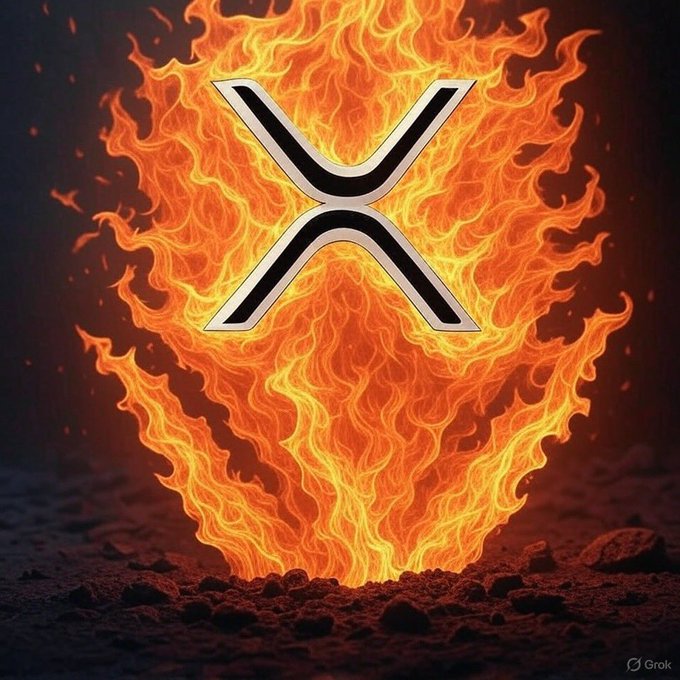 A silver XRP cryptocurrency logo floats above an erupting column of orange flames and lava against a dark background, with a Grok watermark in the corner.