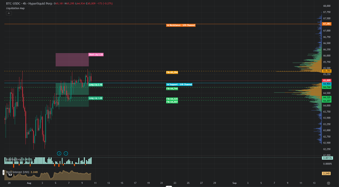 A TradingView financial chart showing a 4-hour candlestick graph for BTC/USDC with various technical indicators, including 'Liquidation Map', 'Open Interest (USD)', and 'Open Interest Long/Short' boxes.