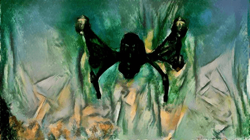 A dark, stylized painting of a winged figure or creature against a green and yellow background.