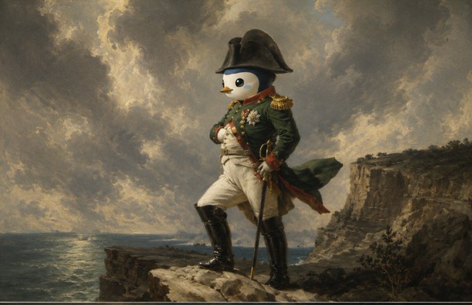 A whimsical edit of Jacques-Louis David's portrait 'Napoleon Crossing the Alps' featuring a cute penguin head in place of the emperor's face.