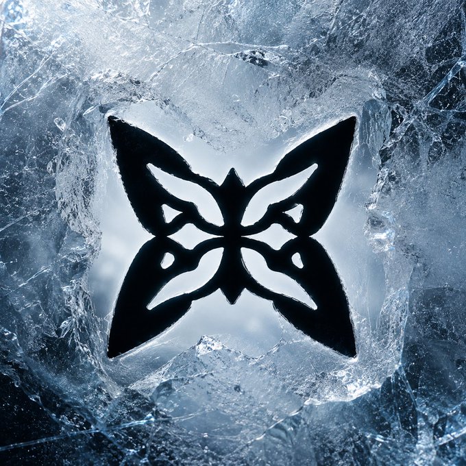 A black butterfly-shaped emblem is set against a backdrop of cracked, icy blue glass.