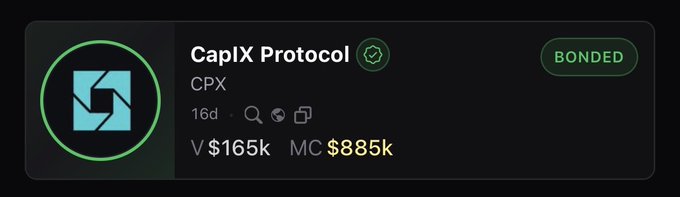 A digital badge for CapIX Protocol (CPX) displays a green checkmark and "BONDED" status, showing metrics of V$165k volume and MC $885k market cap, celebrating the project being verified as a kickstart launchpad participant.