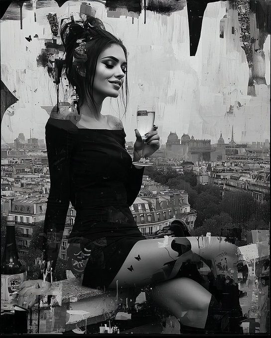 A black-and-white artistic collage depicts a smiling woman in a black off-shoulder dress holding a wine glass, overlaid on a Parisian cityscape with paint-splatter textures.