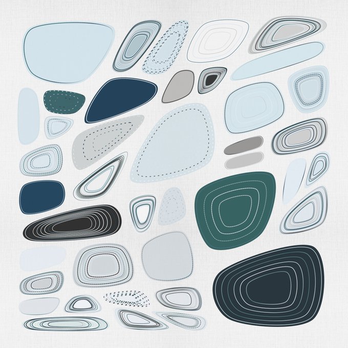 An abstract design with various organic, pebble-like shapes in shades of blue, teal, gray, and white, each filled with concentric line patterns on a textured white background.