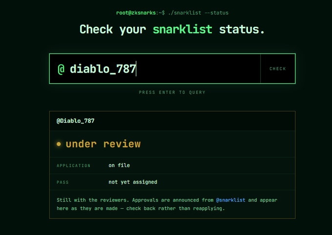 A dark terminal interface showing a status check for user '@diablo_787' on 'snarklist', displaying the status as 'under review'.