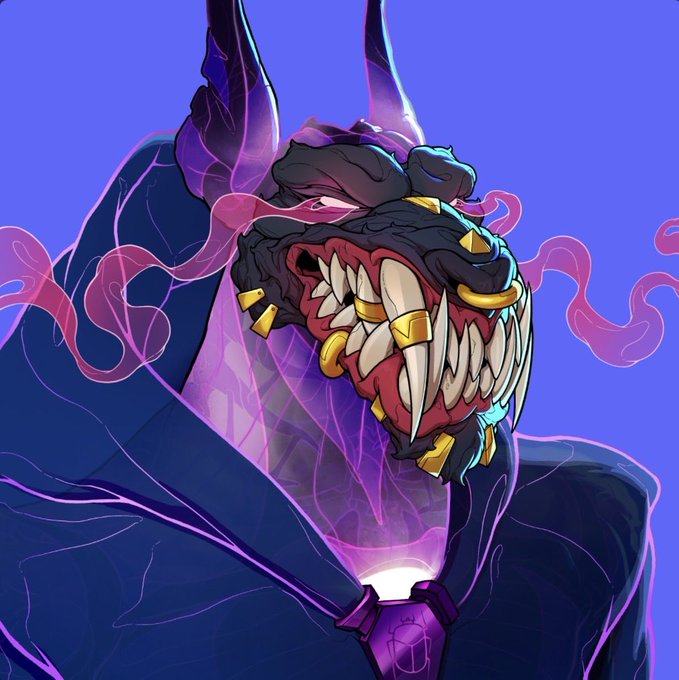 An illustration of a menacing dark creature with sharp golden teeth, horns, and a glowing purple eye, with pink smoke swirling around its head.