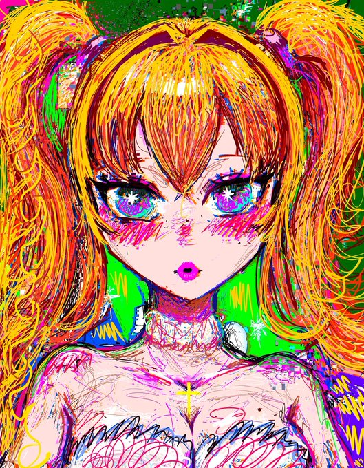 A highly saturated illustration shows an anime girl featuring voluminous, scribbly twintails in vibrant yellow-orange, large expressive purple-blue eyes, and pink lips, rendered in an energetic, sketchy style with glitch-like RGB color separation effects. The image aligns with the post's description of a colorful, energy-packed "twintail-chan" NFT edition, capturing the super kawaii and chaotic aesthetic suggested by the #XRPLNFTJP tag.