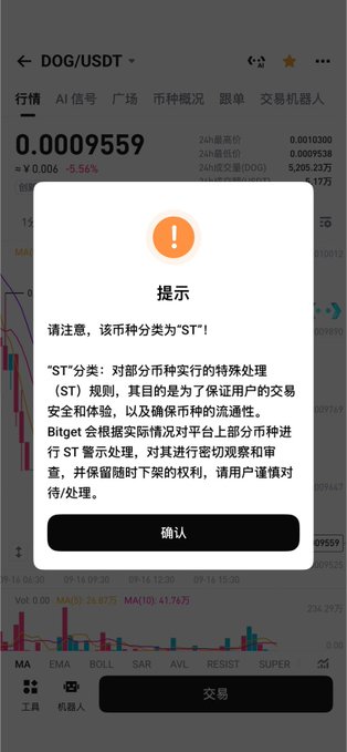 A mobile app screenshot of the DOG/USDT trading pair on Bitget showing a price of 0.0009559, with a warning popup indicating the coin has been classified as 'ST' (Special Treatment) due to concerns about trading safety and liquidity.