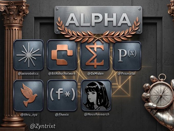 A decorative 'ALPHA' banner with bronze laurel wreaths above seven app-style icons labeled @axisrobotics, @BitRobotNetwork, @0xMiden, @PrismaXai, @thru_xyz, @fhenix, and @NousResearch, with @Zyntrixt written below.
