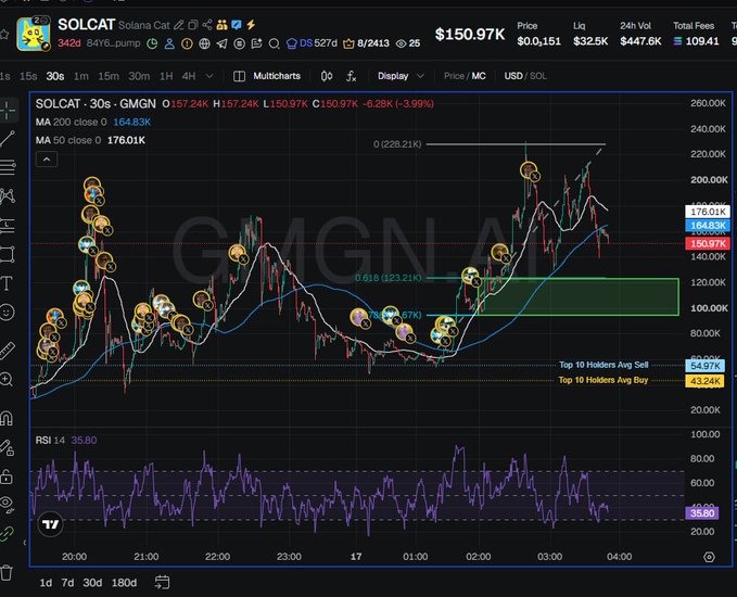 A cryptocurrency trading chart for SOLCAT (Solana Cat) showing a price of $150.97K, with a 30-second timeframe displaying candlestick patterns, moving averages, RSI at 35.80, and various wallet buy/sell markers.