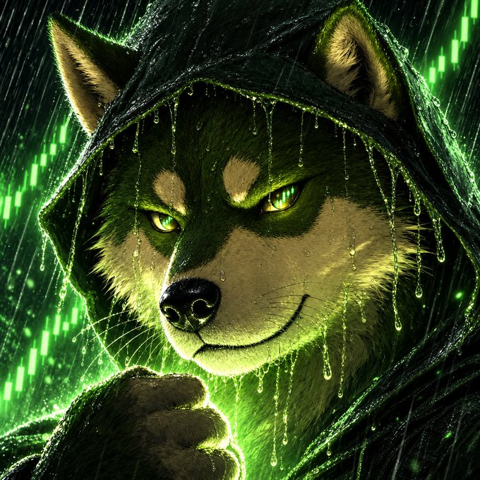 A stylized digital artwork of a husky or wolf dog wearing a hooded cloak, with green glowing eyes and water droplets, set against a green digital rain background reminiscent of The Matrix.
