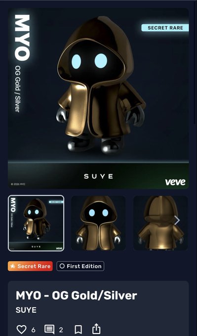 The image features a gold and silver robot figurine, possibly a toy or collectible item, displayed on a phone screen. The text "YO! @veve_official GOLD/SILVER LOGO holders getting even more utility!" suggests that the robot is part of a collection or a product from a company named "veve". This implies that the figurine might be valuable to collectors or enthusiasts who appreciate the combination of gold and silver colors, as well as its association with the "veve" brand.
